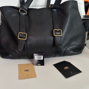 Frye Black Leather Tote with Buckle Accents